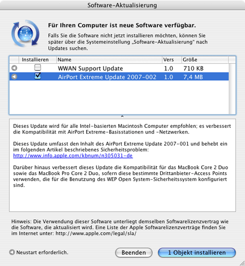 Airport Extreme Update 2007-002 in der Softwareaktualisierung